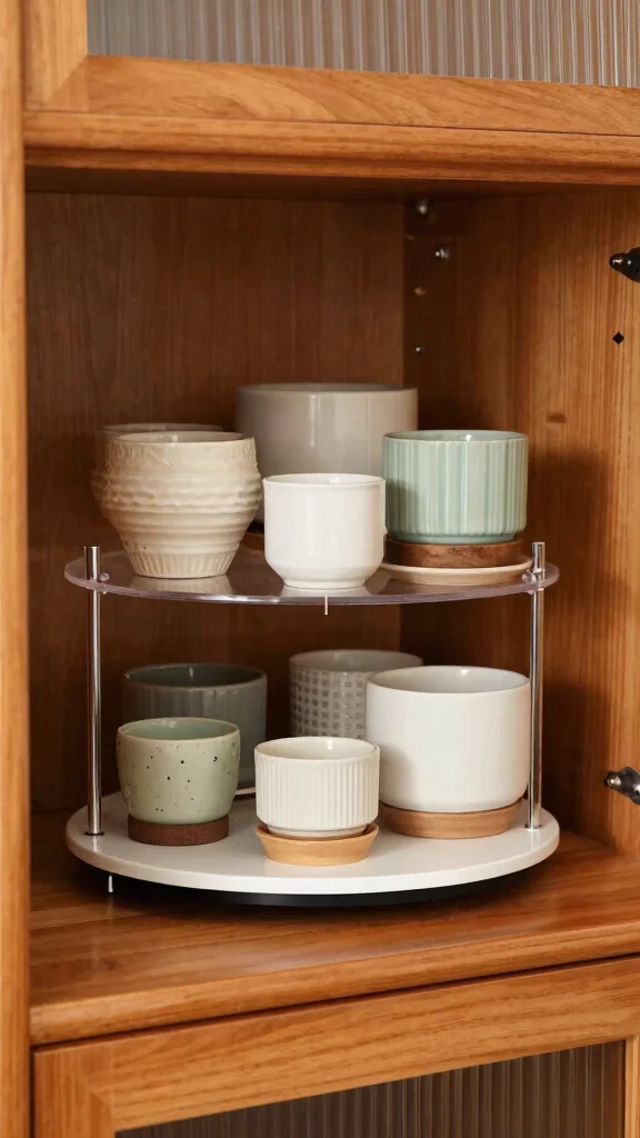 13 Pot Organization Ideas for Cabinets, Drawers, and Open Shelves - 4. Lazy Susans for Pots 1