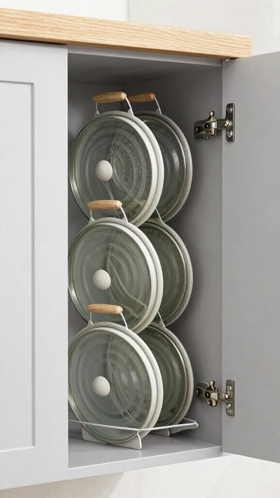 13 Pot Organization Ideas for Cabinets, Drawers, and Open Shelves - 7. Pot Lid Holders 1
