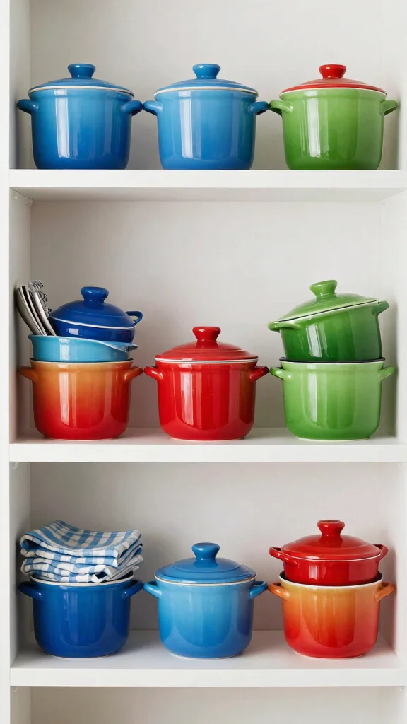 13 Pot Organization Ideas for Cabinets, Drawers, and Open Shelves - 8. Color-Coded Pot Displays 1