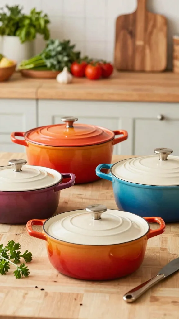 13 Pots and Pans Set Ideas for a Complete Well-Equipped Kitchen - 7. Enamel Cast Iron Cookware for Versatile Cooking 1