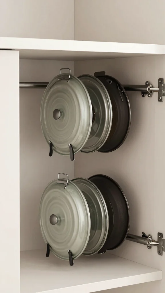 13 Pots and Pans Storage Ideas for Every Kitchen Size and Layout - 11. Tension Rods for Lid Storage 1