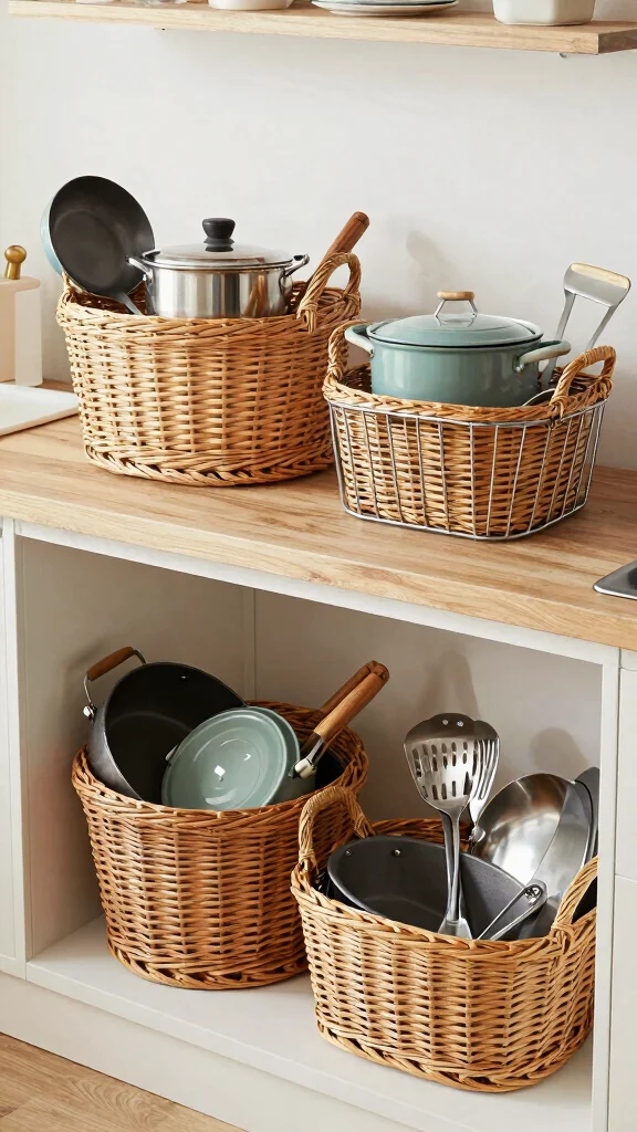 13 Pots and Pans Storage Ideas for Every Kitchen Size and Layout - 12. Baskets for Easy Access 1