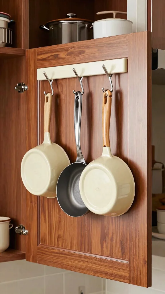 13 Pots and Pans Storage Ideas for Every Kitchen Size and Layout - 5. Hang Pots and Pans Inside Cabinet Doors 1