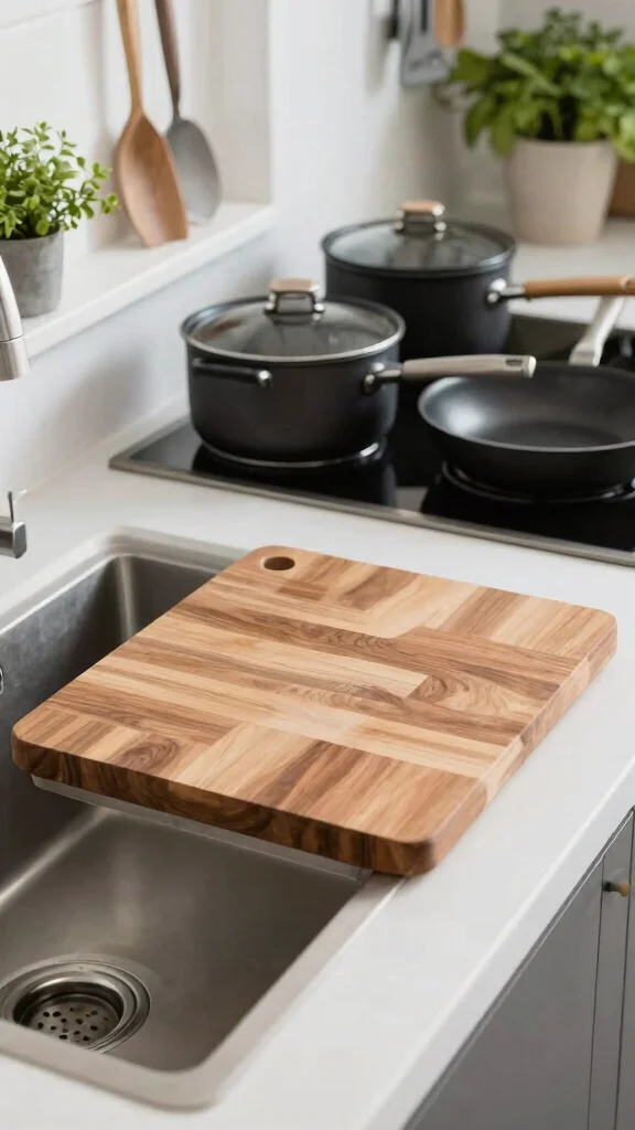 13 Pots and Pans Storage Ideas for Every Kitchen Size and Layout - 7. Over-the-Sink Cutting Board and Storage 1