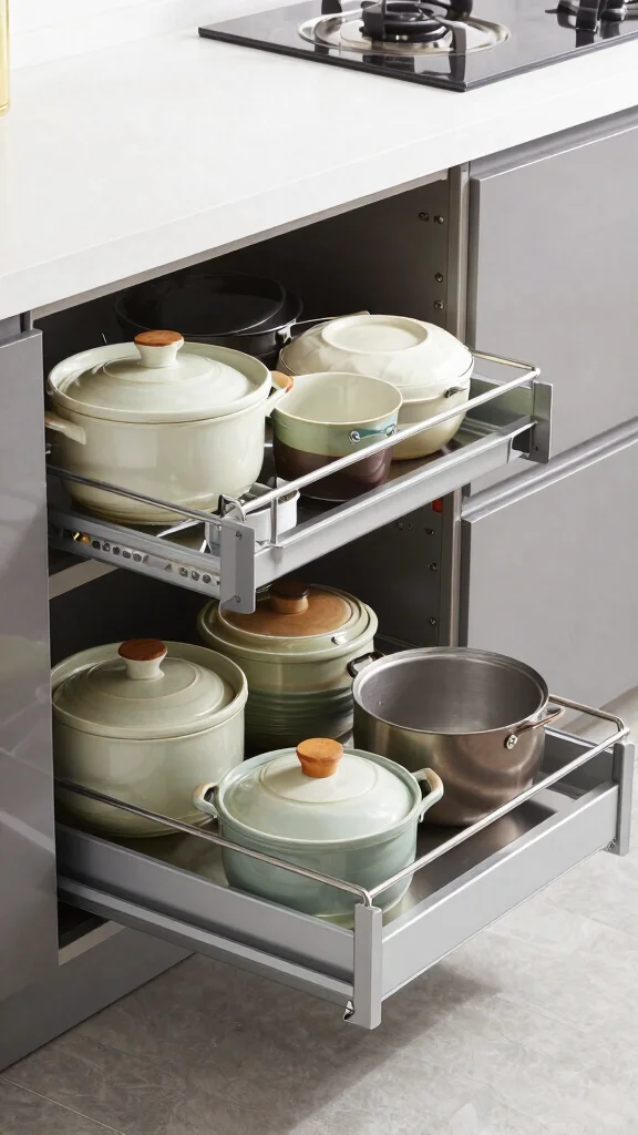 13 Pots and Pans Storage Ideas for Every Kitchen Size and Layout - 8. Sliding Under-Cabinet Storage 1