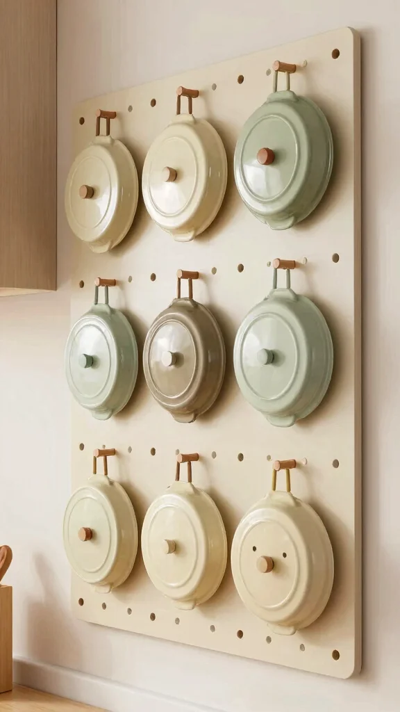 13 Pots and Pans Storage Ideas for Every Kitchen Size and Layout - 9. Hanging Lids on Pegboard 1