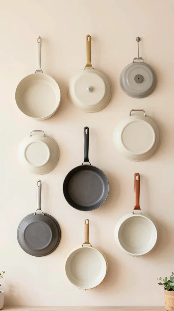 13 Pots and Pans Storage Ideas for Small Kitchens and Large Ones - 12. Cookware Wall Art 1