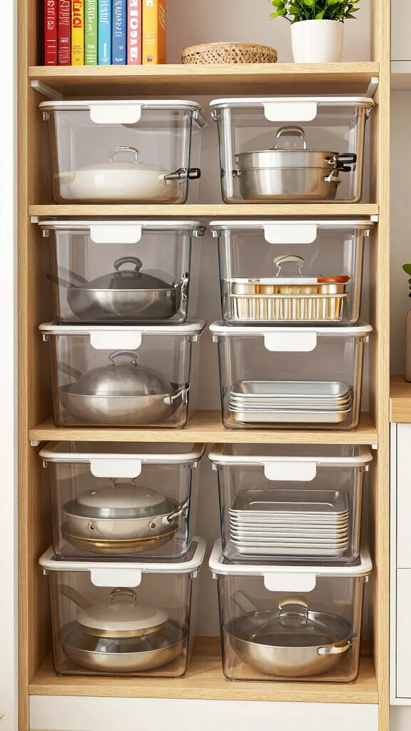 13 Pots and Pans Storage Ideas for Small Kitchens and Large Ones - 3. Clear Storage Bins 1