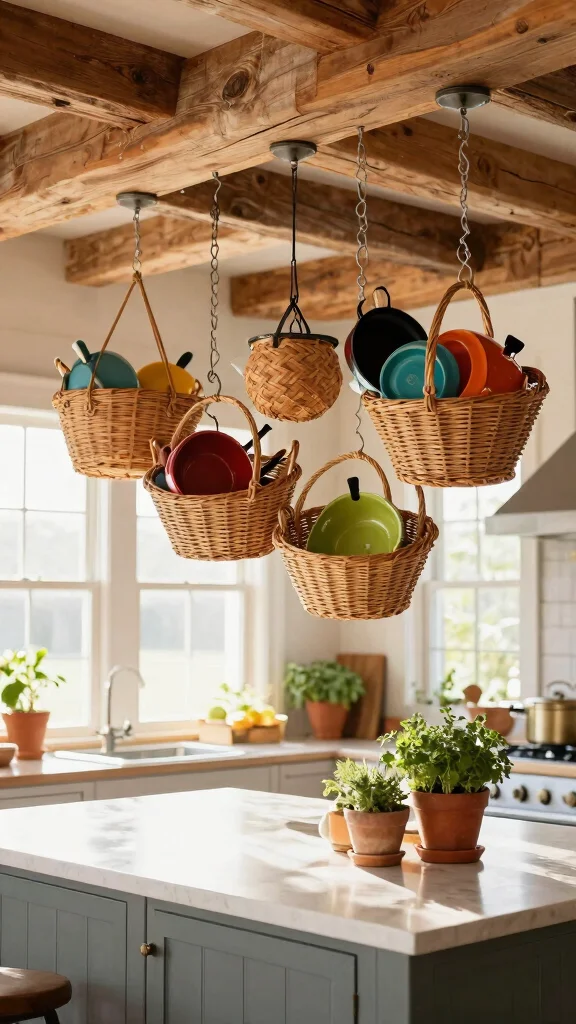 13 Pots and Pans Storage Ideas for Small Kitchens and Large Ones - 5. Hanging Baskets 1