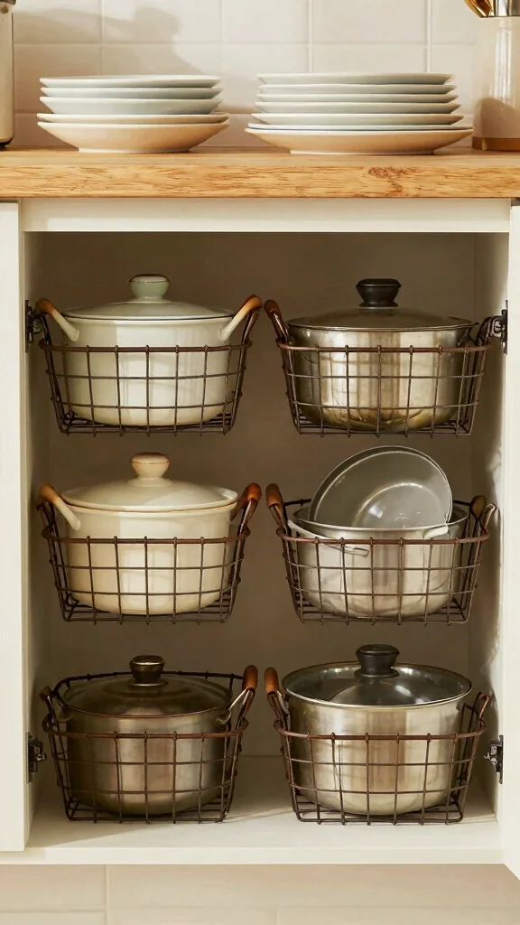 13 Pots and Pans Storage Ideas for Small Kitchens and Large Ones - 6. Under-Shelf Baskets 1