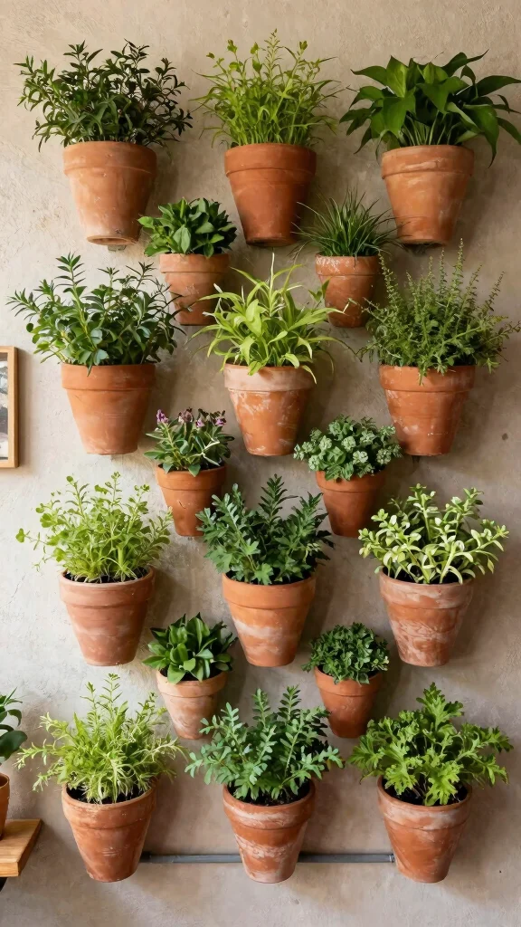 13 Terracotta Pot Concepts for a Warm Classic Natural Plant Display - 10. Living Wall with Terracotta Pots 1