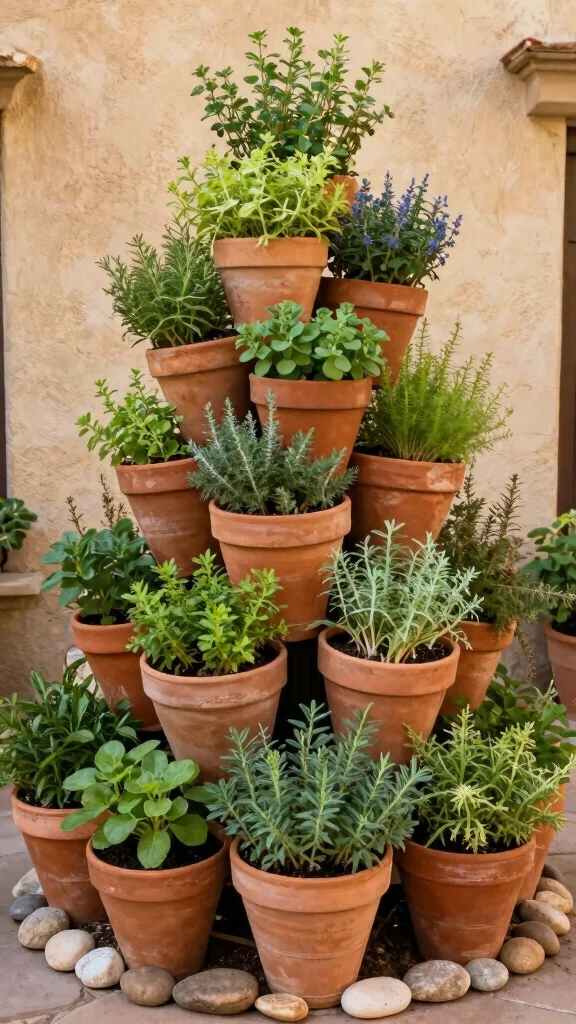13 Terracotta Pot Concepts for a Warm Classic Natural Plant Display - 11. Herb Spiral with Terracotta Pots 1