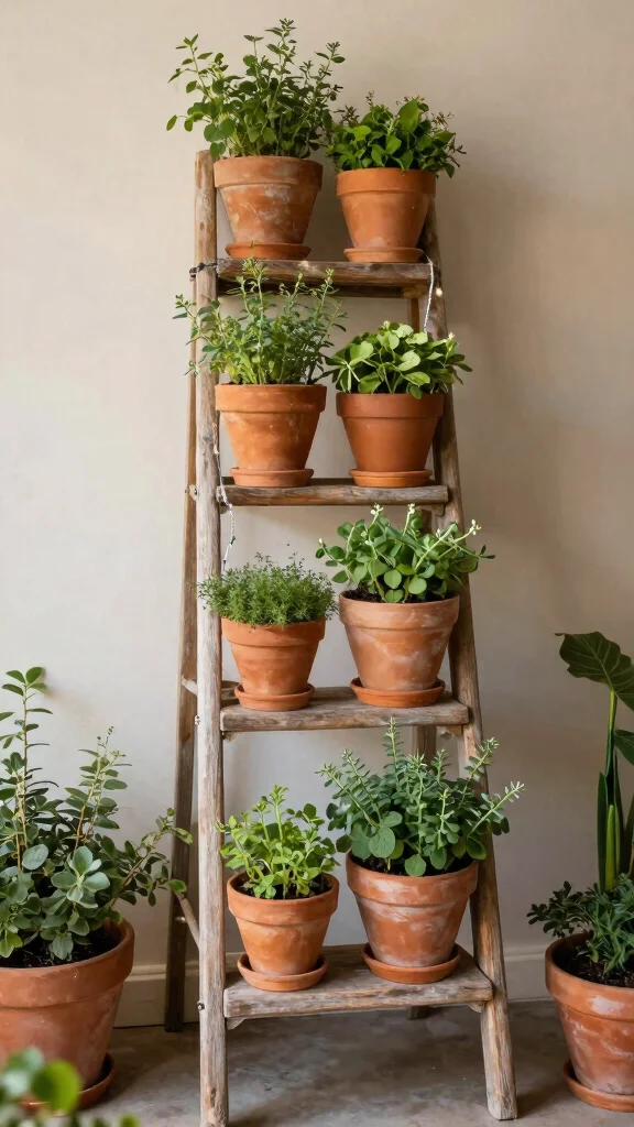 13 Terracotta Pot Concepts for a Warm Classic Natural Plant Display - 6. Terracotta Pot Garden Ladder 1